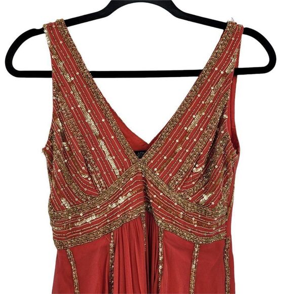 90's Adrianna‎ Papell Silk Bollywood Beaded SharkBite Hem Mini Dress Coral Sz 4 - Picture 4 of 12